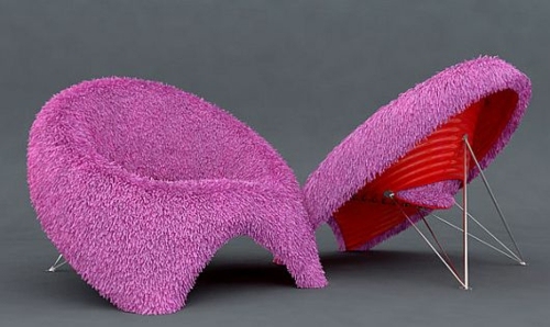 fauteuil moderne design fourrure rose poil rouge cadre metal