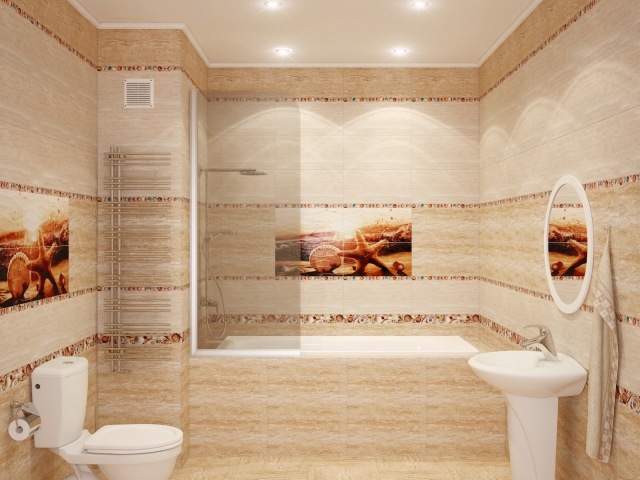 faïence-salle-bains-beige-blanc-motifs-nautiques-miroir-rond-lavabo-blanc faïence salle de bains