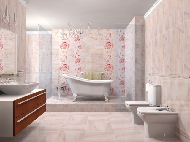 faïence-salle-bains-rose-pâle-motifs-roses-baignoire-baroque-vasque-design-élégant faïence salle de bains