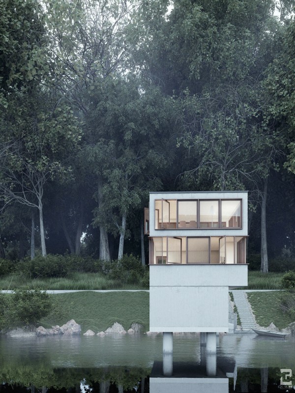 Maison deux étages simpliste contemporaine littéralement dans le lac goût nature