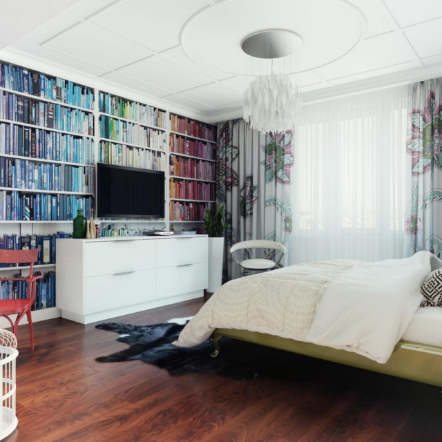 idées-design-déco-bibliothèque-couvertures-couleurs-meuble-TV-blanc-chambre-coucher
