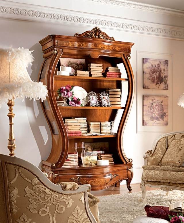 idées-design-déco-bibliothèque-style-classique-bois-forme-élégante-déco-vase-fleurs-roses déco bibliothèque