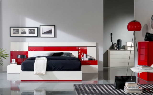 idées-déco-chambre-coucher-couleurs-naturelles-murs-blanc-gris-tête-lit-blanc-rouge-tapis-noir-blanc