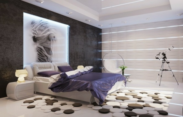 idées-déco-chambre-coucher-couleurs-naturelles-papier-peint-gris-foncé-linge-lit-lilas-tapis-design-éclairage-LED idées déco chambre à coucher