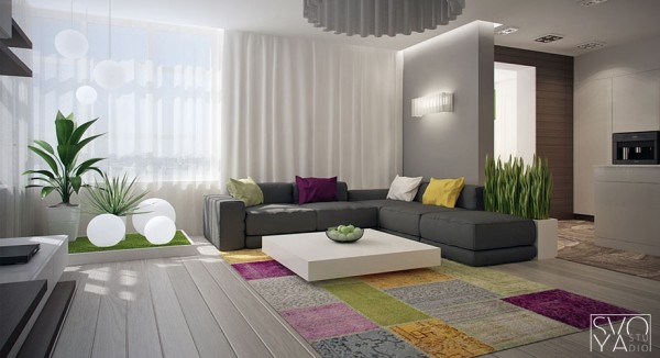 interieur architecture moderne tapis sejour multicolore