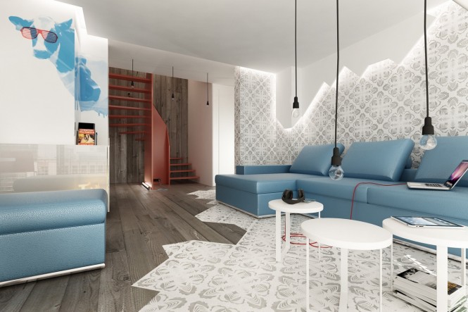 interieur salon bois bleu avec sofa confort