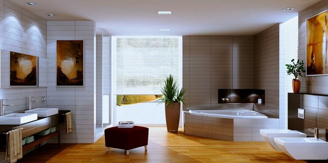 intérieur-contemporain-baignoire-angle-moderne-vasques-blancs-meuble-bois-tableaux intérieur contemporain