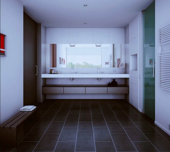 intérieur-contemporain-carreaux-marron-banc-bois-murs-blancs-grand-miroir intérieur contemporain