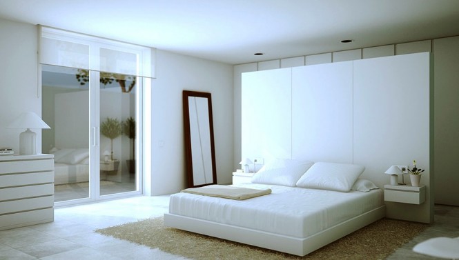 intérieur-contemporain-chambre-coucher-lit-blanc-tête-lit-blanche-tapis-beige intérieur contemporain