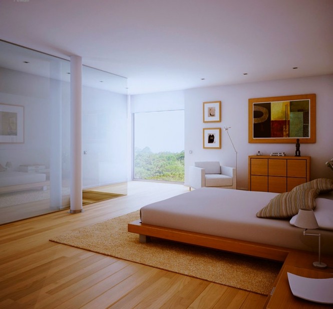 intérieur-contemporain-chambre-coucher-plancher-bois-lit-plateforme-bois-chêne-fauteuil-blanc-tapis-marron-clair intérieur contemporain