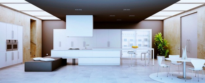 intérieur-contemporain-cuisine-spacieuse-mobilier-blanc-accents-noirs-plante-verte intérieur contemporain