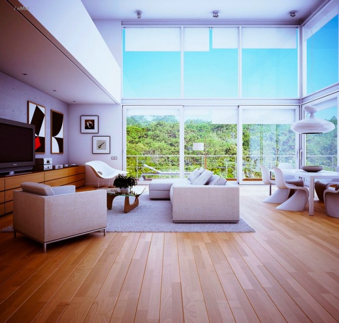intérieur-contemporain-fenêtres-deux-niveaux-plancher-bois-mobilier-blanc-élégant-salon intérieur contemporain