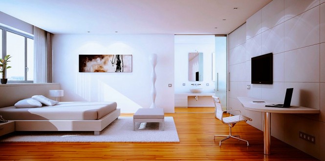 intérieur-contemporain-lit-blanc-bureau-design-original-pieds-métalliques intérieur contemporain