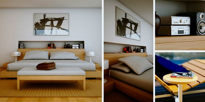 intérieur-contemporain-lit-plateforme-bois-lampes-chevet-blanches-tableau intérieur contemporain