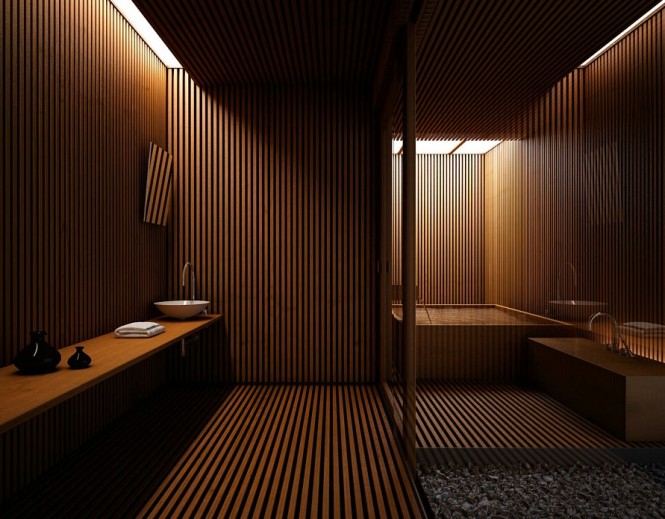 intérieur-contemporain-revêtement-bois-mural-sol-salle-bains-moderne intérieur contemporain