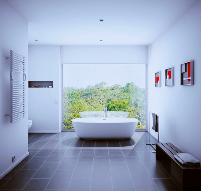 intérieur-contemporain-salle-bains-blanche-élégante-baignoire-blanche-ovale-banc-bois intérieur contemporain