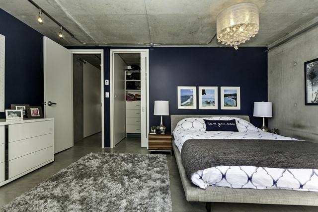 loft design chambre bleu lit double moderne