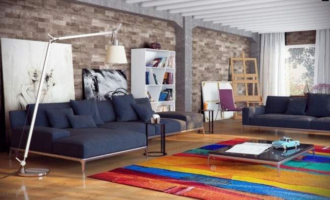loft spacieux tapis multicolore mobilier