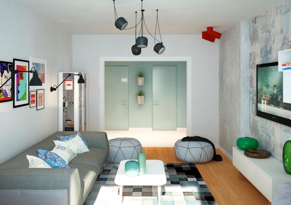 lofts-design-Mooseberry-Design-canapé-gris-coussins-banc-bleu-clair-poufs-tapis-carreaux