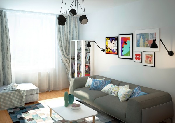 lofts-design-Mooseberry-Design-canapé-gris-coussins-blanc-bleu-clair-suspensions-noires-tableaux