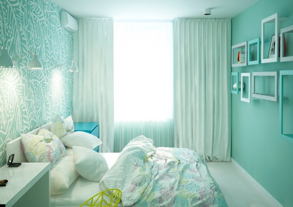 lofts-design-Mooseberry-Design-chambre-coucher-vert-menthe-pâle-coussins-blancs-chaise-jaune