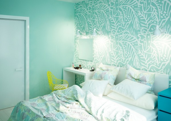 lofts-design-Mooseberry-Design-chambre-coucher-vert-menthe-pâle-papier-peint-motifs-blancs
