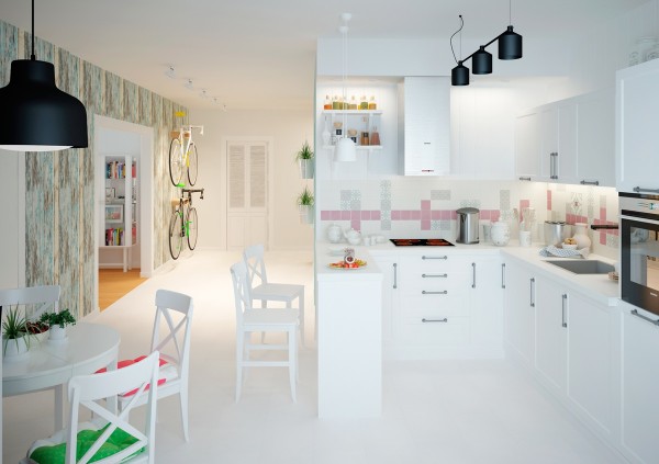 lofts-design-Mooseberry-Design-cuisine-blanche-accents-rose-pâle-mobilie-blanc