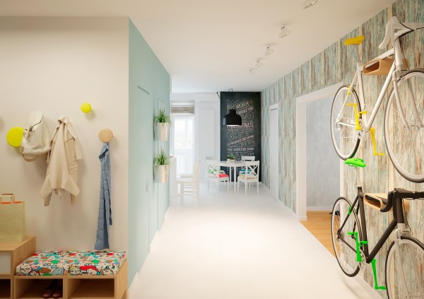lofts-design-Mooseberry-Design-entrée-espace-vélos-papier-peint lofts design