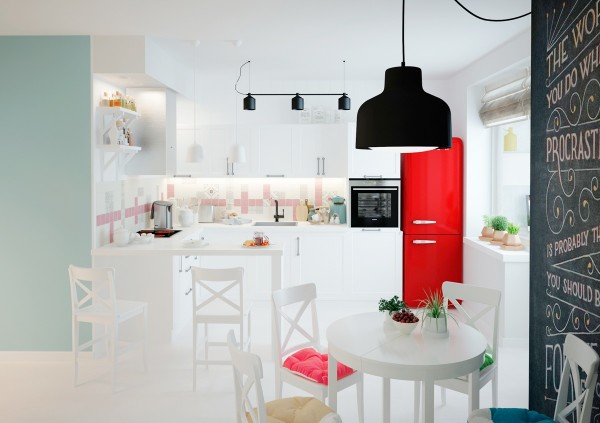 lofts-design-Mooseberry-Design-frigo-rouge-petite-table-blanche-coussins-chaises-couleurs