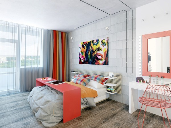lofts-design-Mooseberry-Design-murs-blancs-cadre-miroir-chaise-rose-rideaux-orange-blanc lofts design