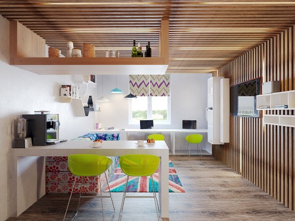 lofts-design-Mooseberry-Design-plafond-bois-chaises-vert-citron-bar-petit-déjeuner