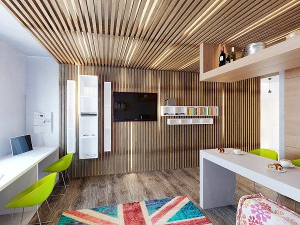 lofts-design-Mooseberry-Design-plafond-bois-revêtement-mural-bois-chaises-vert-citron