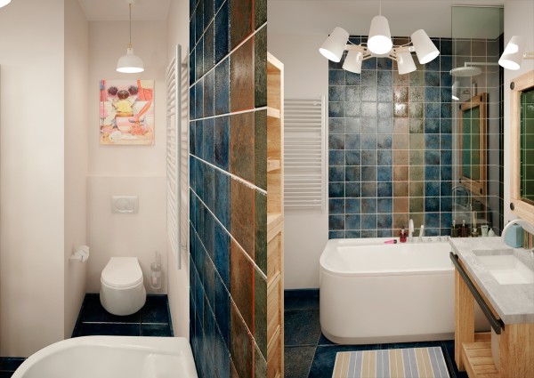 lofts-design-Mooseberry-Design-salle-bains-élégante-carrelage-marron-bleu-foncé-lustre-blanc lofts design
