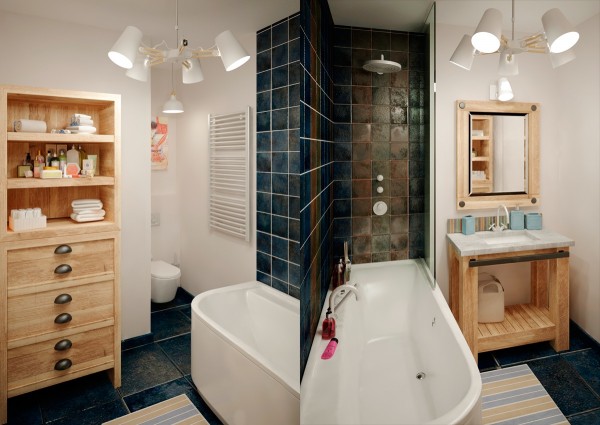 lofts-design-Mooseberry-Design-salle-bains-élégante-carrelage-mural-bleu-foncé-mobilier-bois-clair-baignoire-blanche lofts design