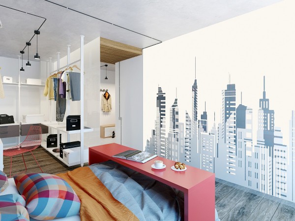 lofts-design-Mooseberry-Design-table-appoint-rouge-papier-peint-paysage lofts design