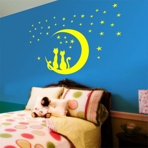 Stickers chambre fille - lune, étoiles et chats bonne nuit enfant