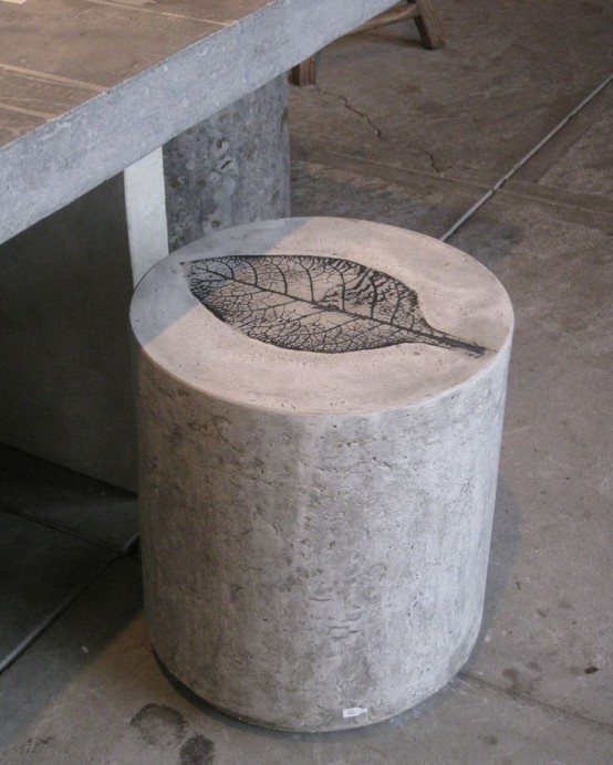 meuble beton exterieur tabouret empreinte feuille