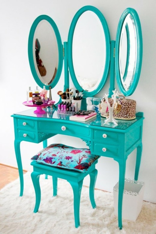 meuble coiffeuse bleu turquoise miroirs ovales
