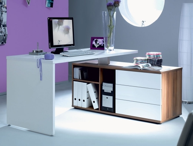meuble-informatique-moderne-bois-blanc-tiroirs-vase-fleurs meuble informatique