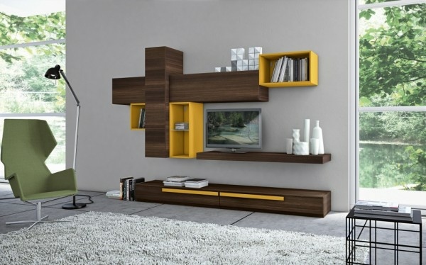 meuble rangement salon bois jaune