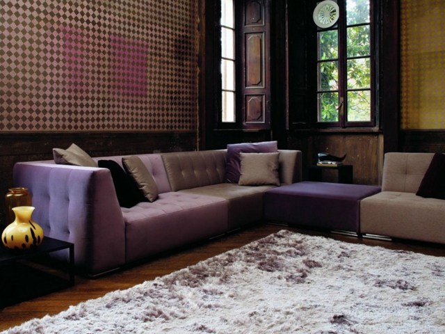 meuble salon canapé angulaire marron violet