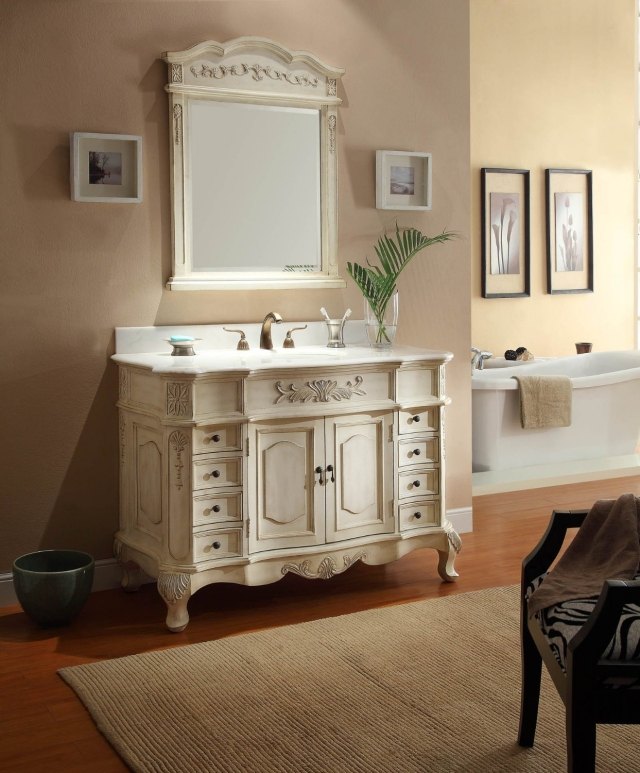 meuble-sous-lavabo-style-classique-blanc-tiroirs-robinet-élégant-miroir-cadre-ornements meuble sous lavabo