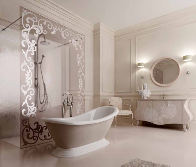 meuble-sous-lavabo-style-classique-crème-ornements-blancs-miroir-rond-appliques meuble sous lavabo