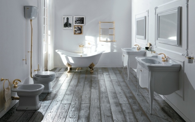 meuble-sous-lavabo-style-classique-deux-blancs-robinets-dorés-revêtement-sol-bois meuble sous lavabo
