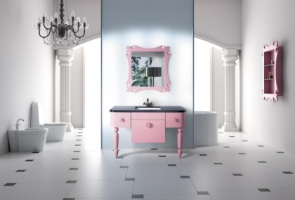 meuble-sous-lavabo-style-classique-rose-clair-tiroirs-poignées-originales-cadre-miroir-rose