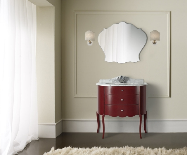 meuble-sous-lavabo-style-classique-rouge-vasque-blanc-miroir-élégant-appliques meuble sous lavabo
