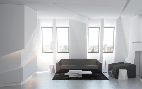 mobilier futuriste gris salon blanc