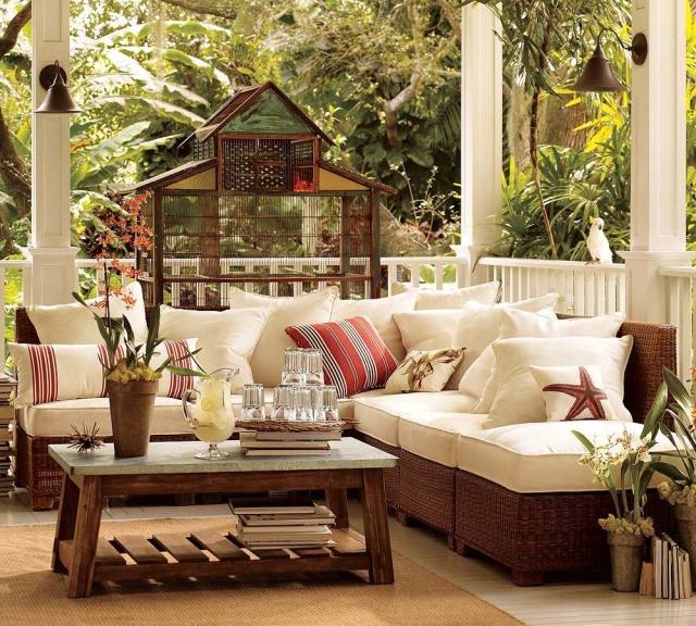 mobilier-jardin-rotin-blancs-rayures-table-bois mobilier jardin