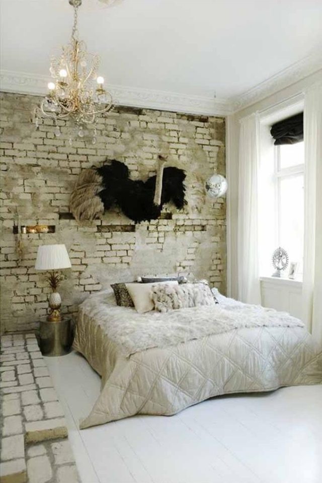 papier-peint-brique-chambre-coucher-3d-literie-blanche-autruche-décorative