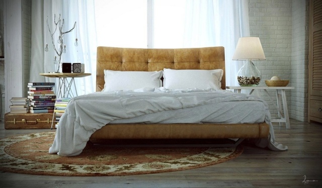 papier-peint-brique-chambre-coucher-brique-blanche-tête-lit-tapissée-cuir-beige